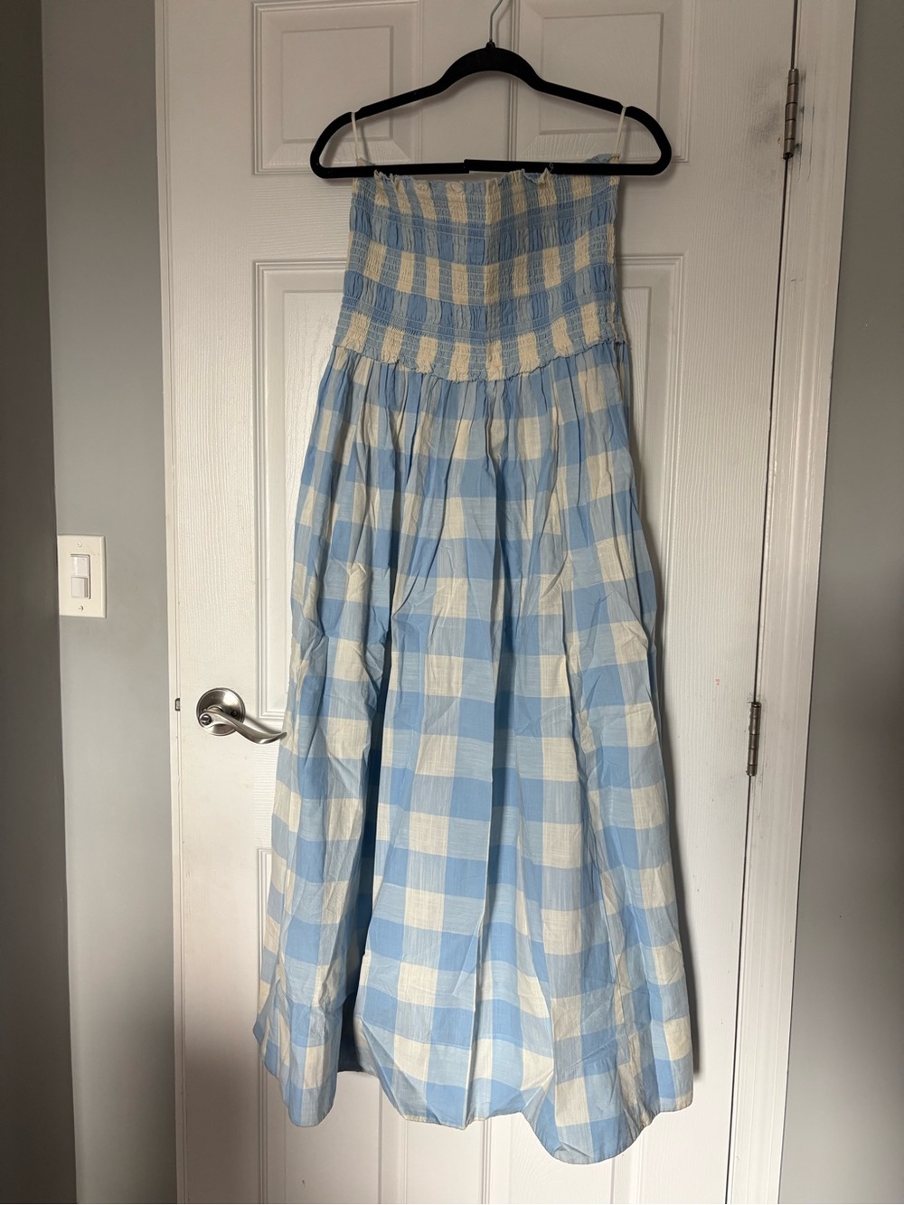 NEXT Blue and Cream Gingham Strapless Smocked Maxi Dress - Picture 2 of 3